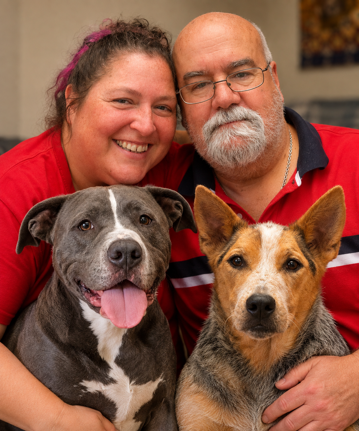 Janet and Michael with their dogs Bricks and Ivy