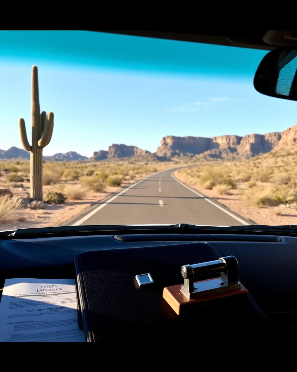 Notary supplies in a car on a desert road
