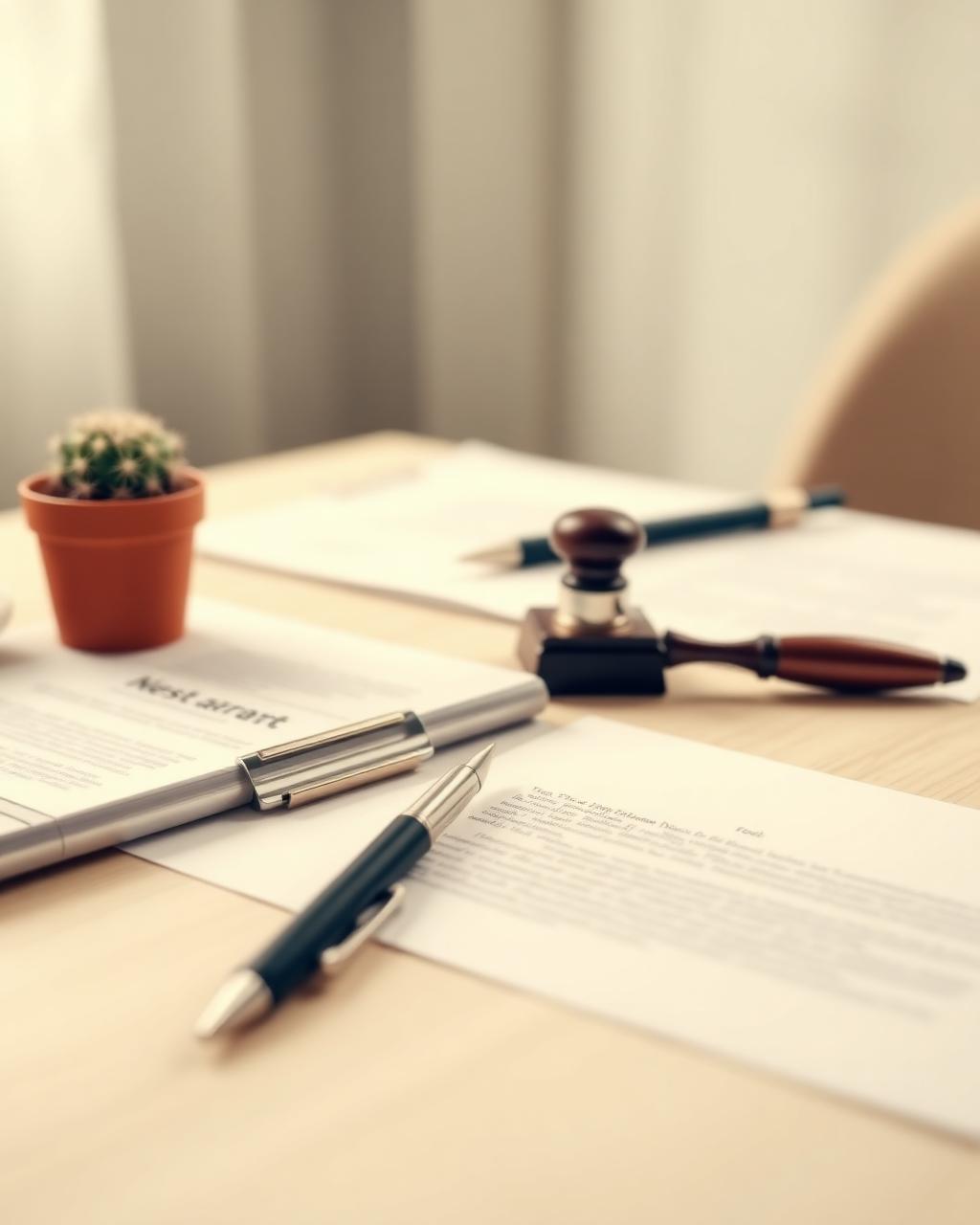 Legal documents, a pen and a notary stamp on a desk