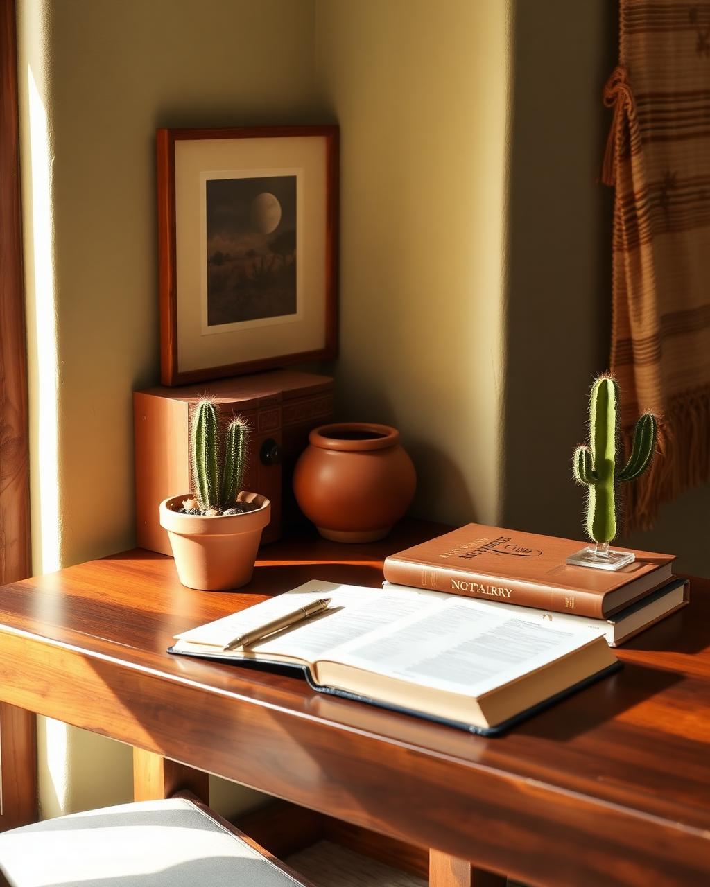 Southwestern desk with law books and a saguaro cactus